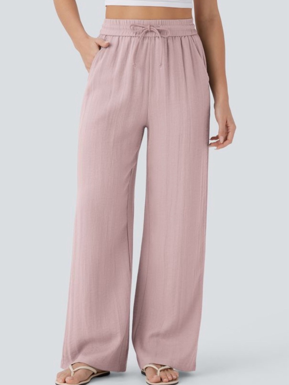 HALARA High Waisted Drawstring Pocket Wide Leg Baggy Casual Linen-Feel Pants